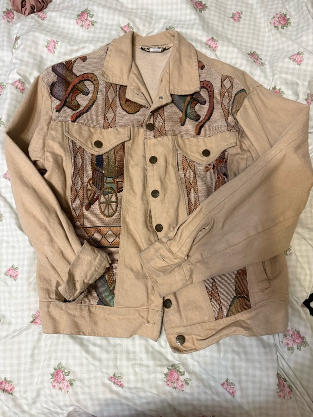 Beige Western-Style Jean Jacket with Tapestry Panels